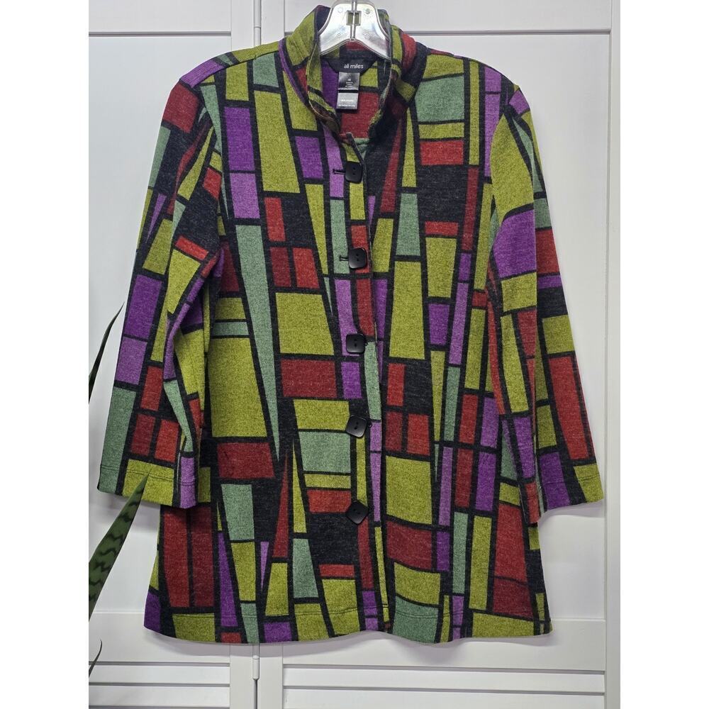 ALI MILES Jacket Blazer Swing 3/4 Sleeve Geometric Print Artsy Button Front Med.